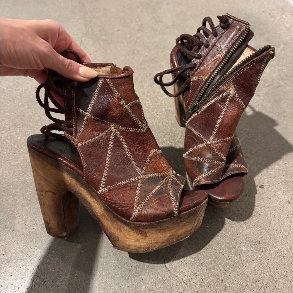 Freebird by Steve | Brown Chunky Leather Platform Heels | Wood Heels